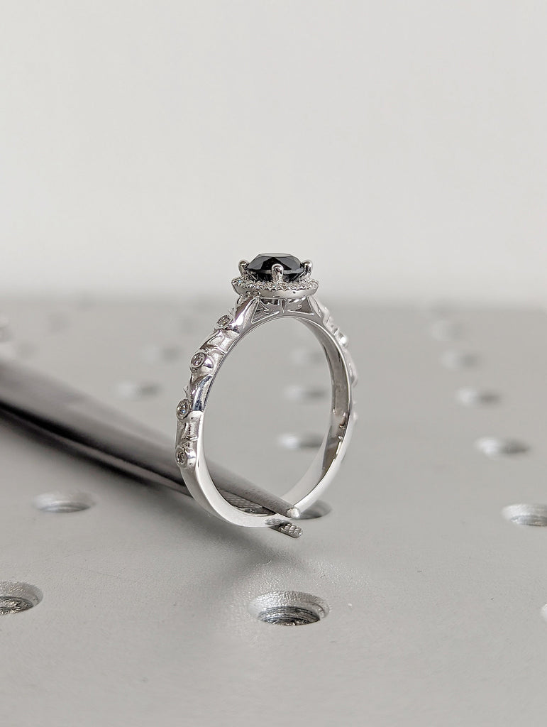 Open Gallery Setting, Paved Diamond Filigree Band, Salt and Pepper Diamond Proposal Ring for Her. 14K 18K White Gold, Platinum Bridal Jewelry