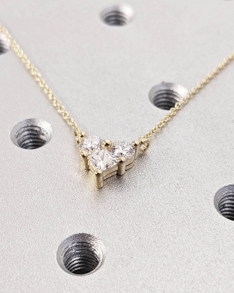 Mini Love Heart Necklace | Lab Diamond Necklace Pendant | Dainty Gold Necklace | Small Multi Stone Princess Cut Round Cluster | Gift For Her