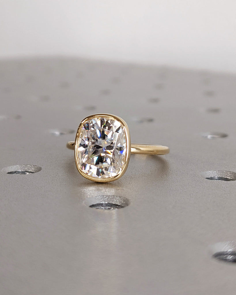 Elongated Cushion Cut Moissanite Solitaire Ring, 18K Yellow Gold Engagement Ring, Bezel Setting, Statement Ring, Gift For Her Bridal Set