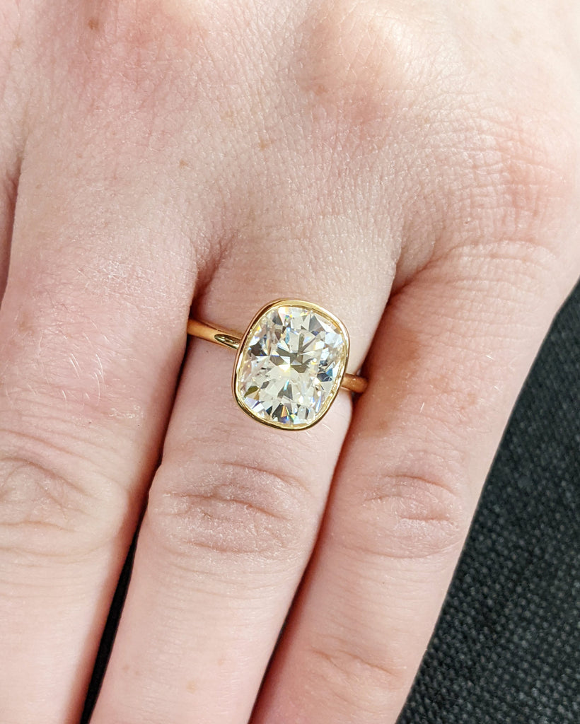 Elongated Cushion Cut Moissanite Solitaire Ring, 18K Yellow Gold Engagement Ring, Bezel Setting, Statement Ring, Gift For Her Bridal Set