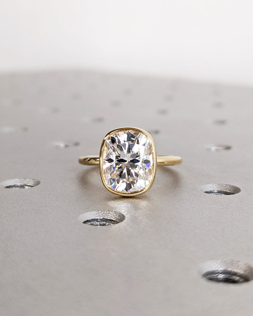 Elongated Cushion Cut Moissanite Solitaire Ring, 18K Yellow Gold Engagement Ring, Bezel Setting, Statement Ring, Gift For Her Bridal Set