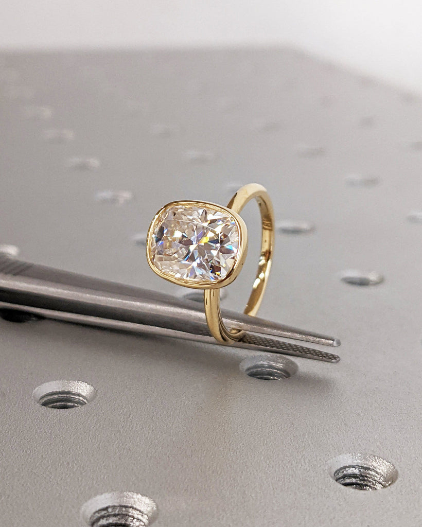 Elongated Cushion Cut Moissanite Solitaire Ring, 18K Yellow Gold Engagement Ring, Bezel Setting, Statement Ring, Gift For Her Bridal Set