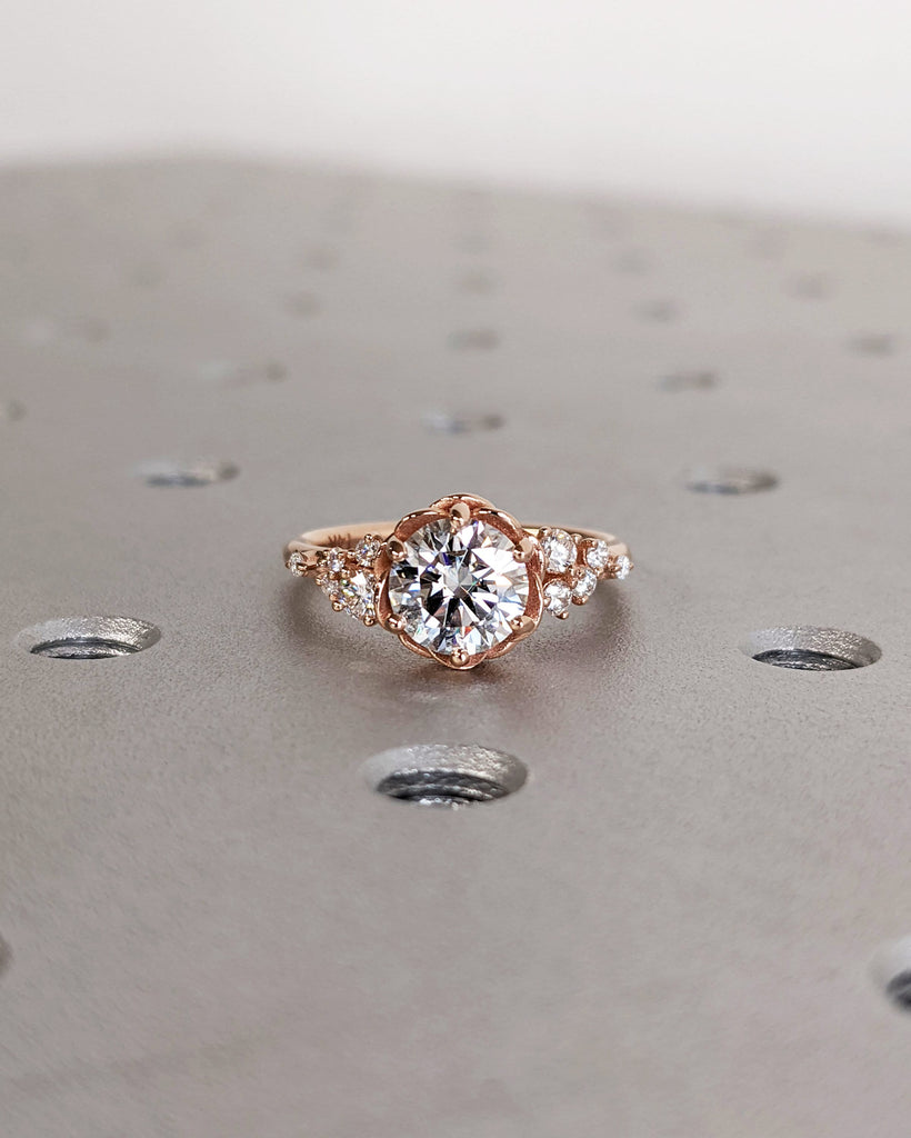 Bezel Set Round Moissanite Blooming Engagement Ring for Her | 14K 18K Rose Gold Snowdrift Diamond Proposal Ring | Floral Bridal Jewelry