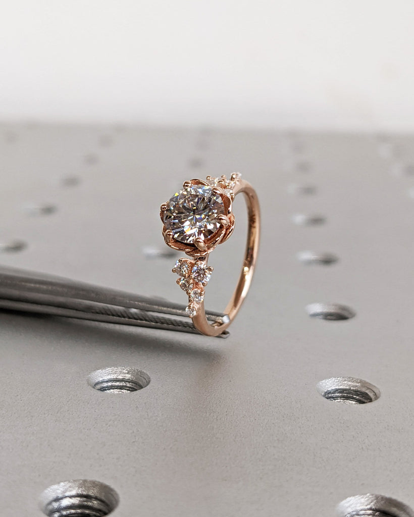 Rosette Round Lab Diamond Ring / Moissanite or Diamond Cluster Flower Ring / Rose Gold Engagement Ring / Romantic Wedding Proposal Rose Ring