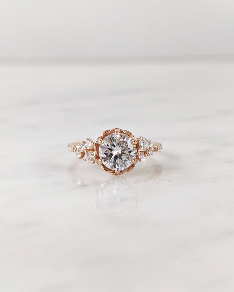 Fiore Diamond Engagement Ring Round Lab White Diamond Cluster Flower Engagement Ring Wedding Cluster Ring Simulated Diamond 14k Rose Gold