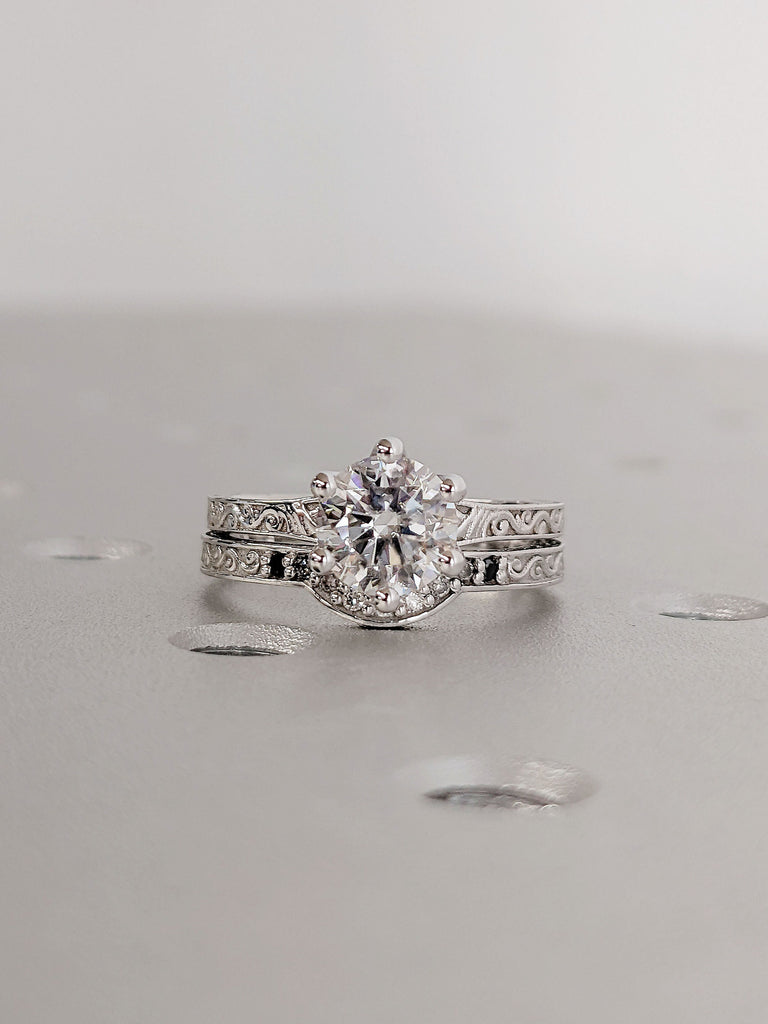 Vintage Inspired Lab Diamond Engagement Stacking Ring Set For Her | 14K 18K White Gold Curve Wedding Band Proposal Ring | Alternative Bridal