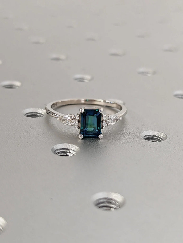 Montana Teal Sapphire Engagement Ring, Emerald Cut Blue Green Teal Sapphire Ring, Tiny Cluster Natural Gemstone Ring 14K Gold Bridal Jewelry