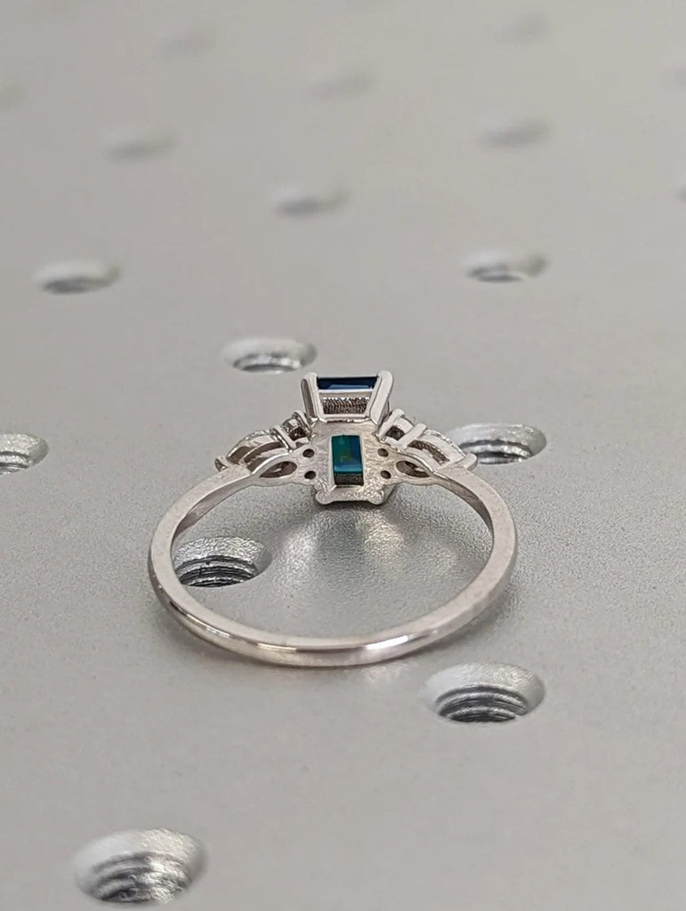 Emerald cut Montana Teal Sapphire Women Wedding Anniversary Ring | 14K White Gold Moissanite Cluster Promise Ring | Art Deco Cocktail Ring