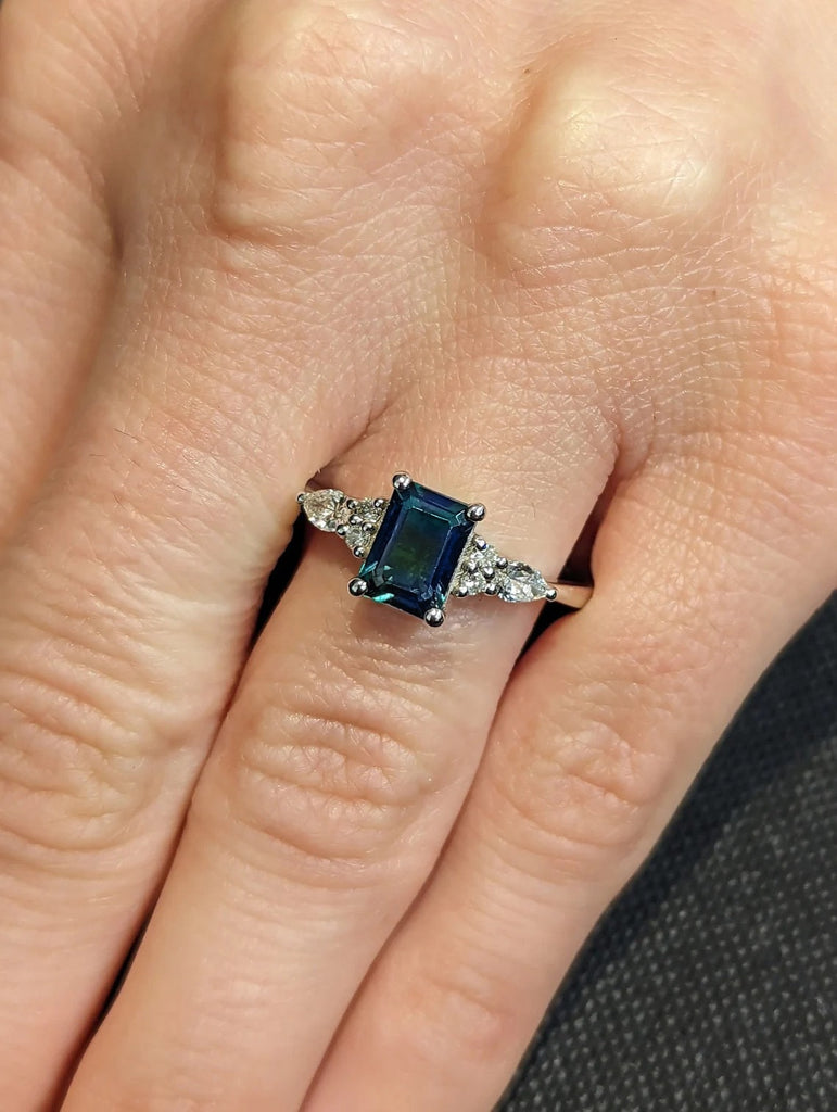 1CT Emerald Cut Teal Sapphire Engagement Ring, Double Prong Vintage Diamond Cluster Blue-Green Sapphire Wedding Anniversary Gift for Women