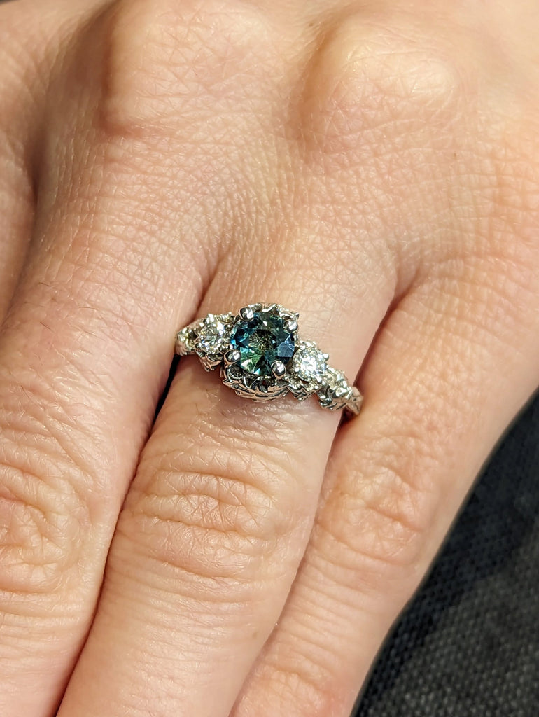 One of a Kind Montana Sapphire Ring, Teal Sapphire Diamond Trellis Ring, Nature Inspired Blue Sapphire Engagement Ring, Twig & Thistle Leaf