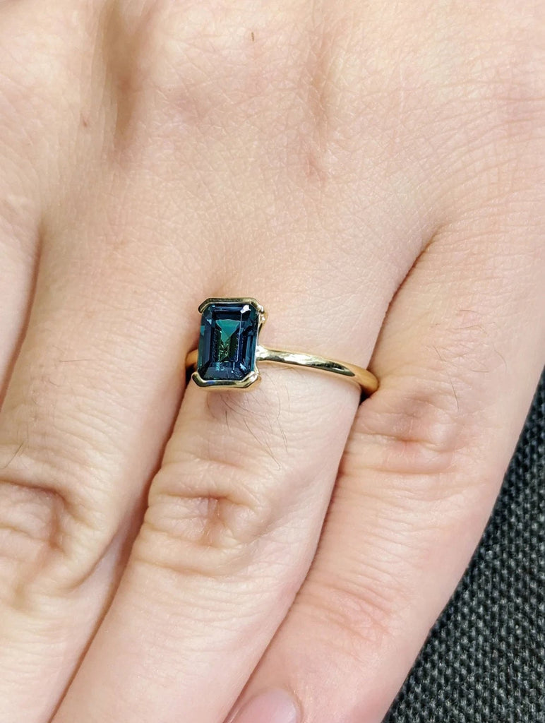 Bezel set Natural Montana Teal Sapphire Solitaire Women Engagement Cocktail Ring | Solid Yellow Gold Thin Wedding Band | Blue Green Gemstone