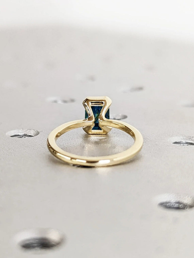 Bezel set Natural Montana Teal Sapphire Solitaire Women Engagement Cocktail Ring | Solid Yellow Gold Thin Wedding Band | Blue Green Gemstone