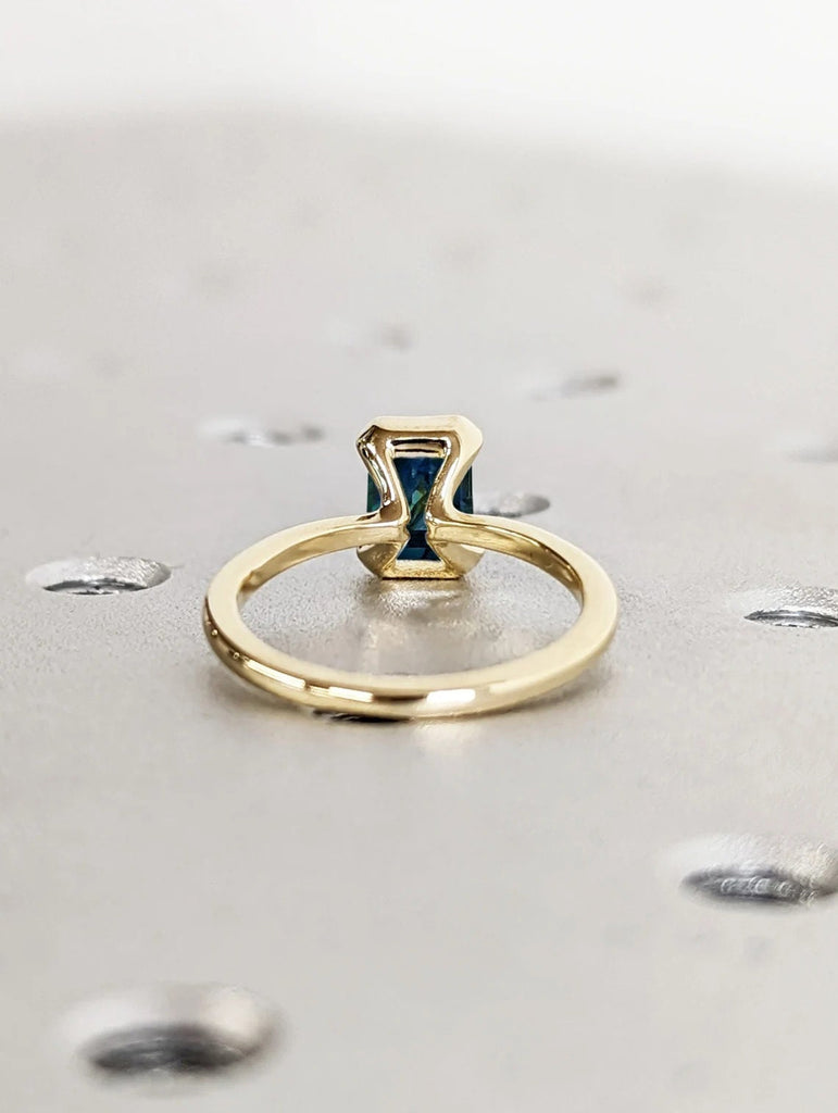 Emerald cut Peacock Sapphire Unique Proposal Ring for Her | 14K 18K Gold, Platinum Bridal Jewelry | Floating Crystal Dainty Statement Ring