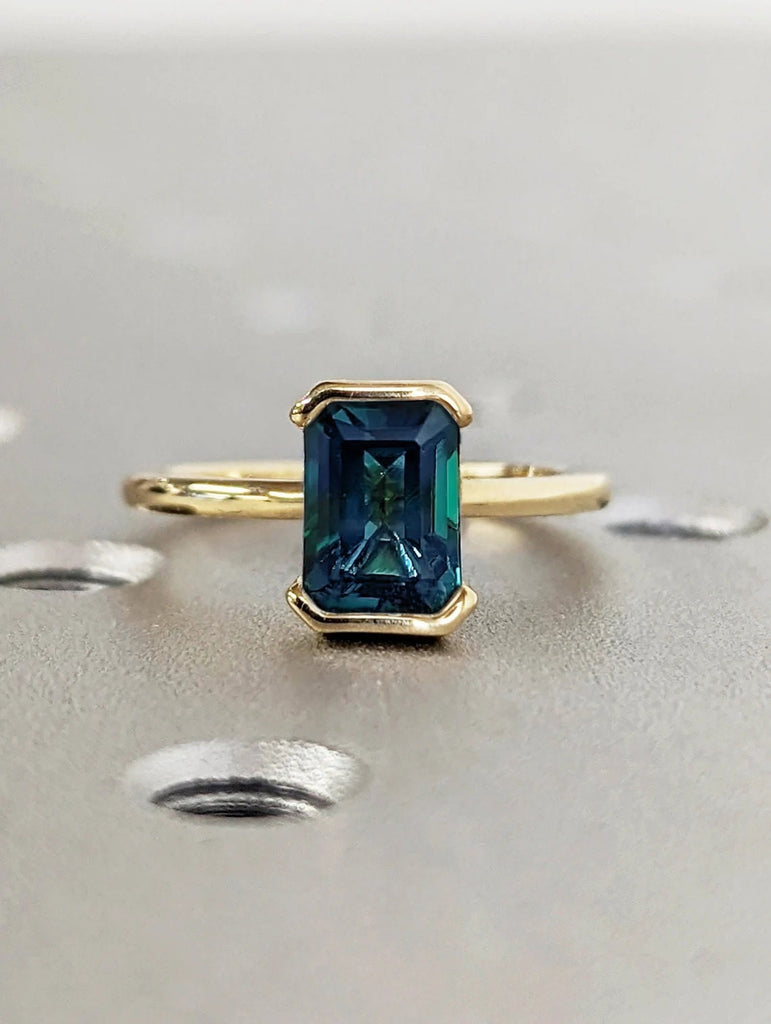 Emerald cut Peacock Sapphire Unique Proposal Ring for Her | 14K 18K Gold, Platinum Bridal Jewelry | Floating Crystal Dainty Statement Ring