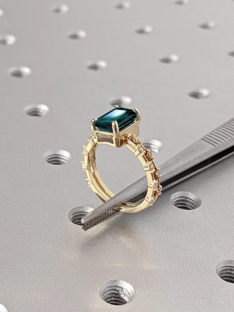 Solid Yellow Gold Green Lab Emerald Engagement Proposal Stacking Ring for Her | Open Gap Eternity Ring | Cocktail Ring | Alternative Bridal