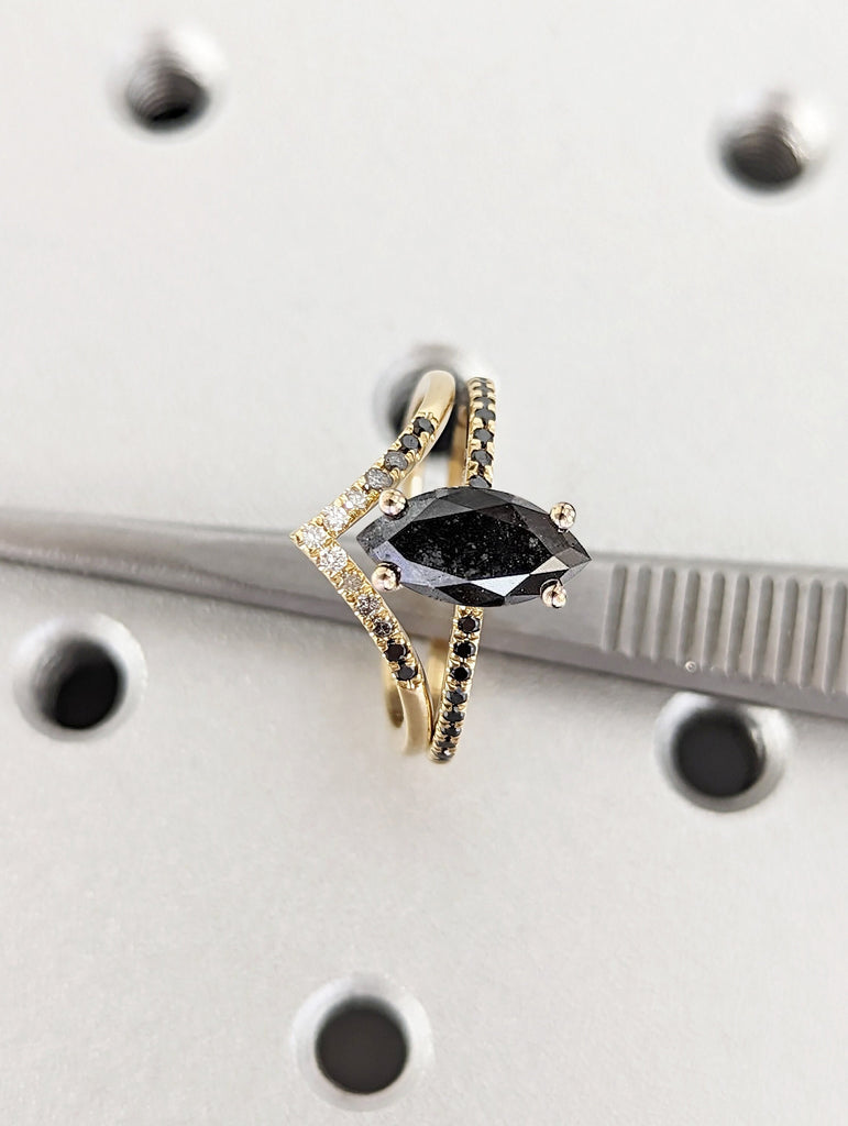 Galaxy Raw Salt and Pepper Diamond Ring- Marquise Cut Diamond Engagement Ring Sets- Unique Bridal Geometric Diamond Promise Ring- Solid Gold