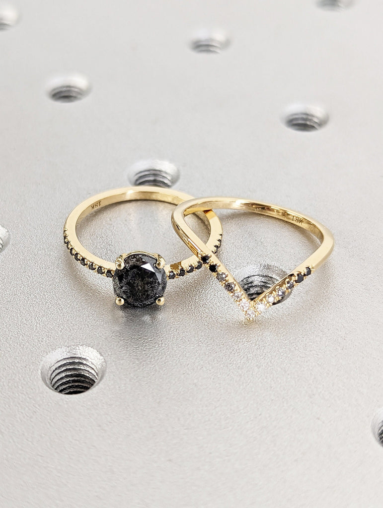 Galaxy Raw Salt and Pepper Diamond Ring- Round Cut Diamond Engagement Ring Sets- Unique Bridal Geometric Diamond Promise Ring- Solid Gold