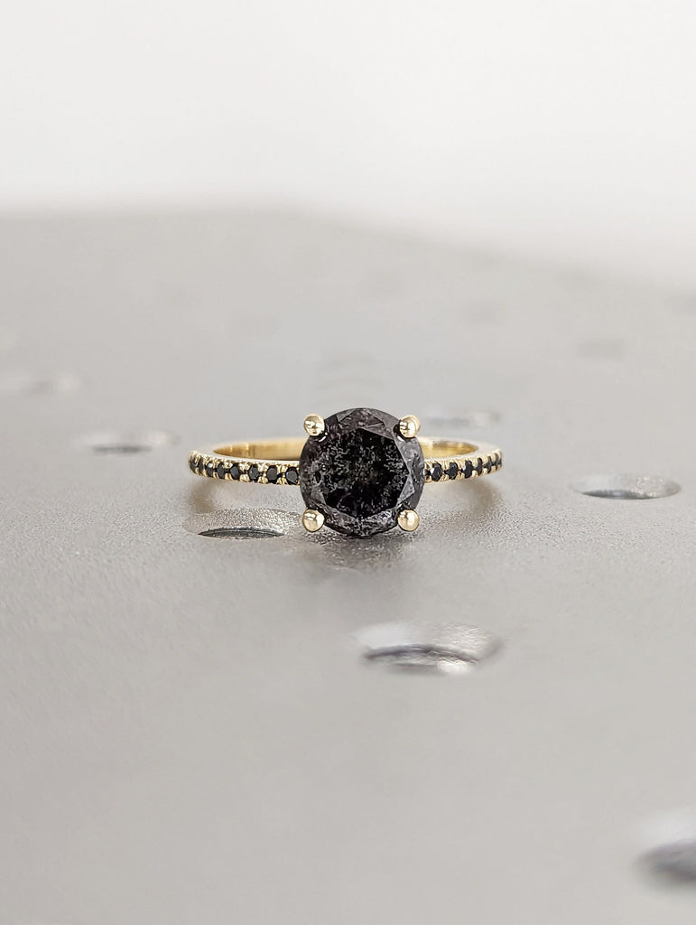 Galaxy Raw Salt and Pepper Diamond Ring- Round Cut Diamond Engagement Ring Sets- Unique Bridal Geometric Diamond Promise Ring- Solid Gold