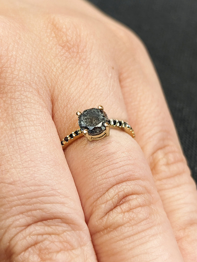 Galaxy Raw Salt and Pepper Diamond Ring- Round Cut Diamond Engagement Ring Sets- Unique Bridal Geometric Diamond Promise Ring- Solid Gold