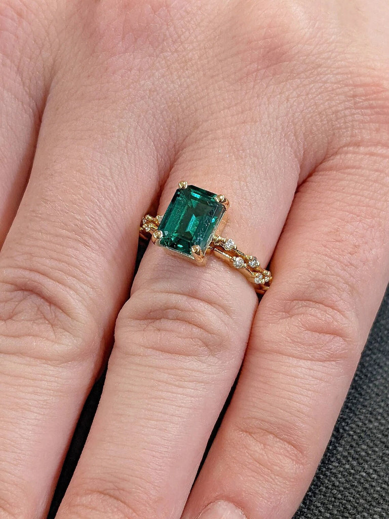 May Birthstone 2ct Green Lab Grown Emerald Women Wedding Anniversary Matching Ring Set | 14K 18K Solid Gold, Platinum Floating Bubble Diamond Promise Ring