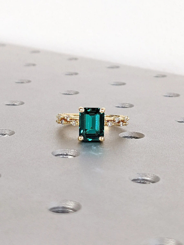 May Birthstone Emerald cut Lab Grown Emerald Wedding Anniversary Matching Ring Set | 14K 18K Gold, Platinum Knife Edge Diamond Eternity Band