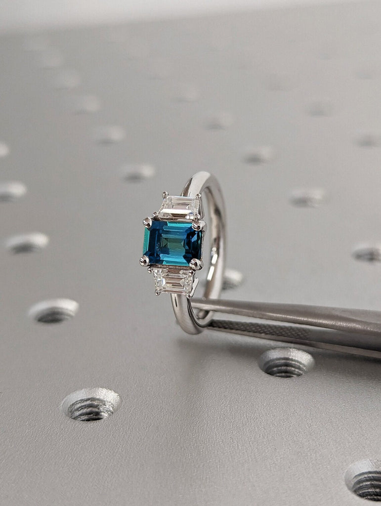 Montana Sapphire Engagement Trellis Ring, Emerald Cut Teal Sapphire, Trapezoid Cut Accent Moissanites, Blue Green Gemstone Anniversary Ring