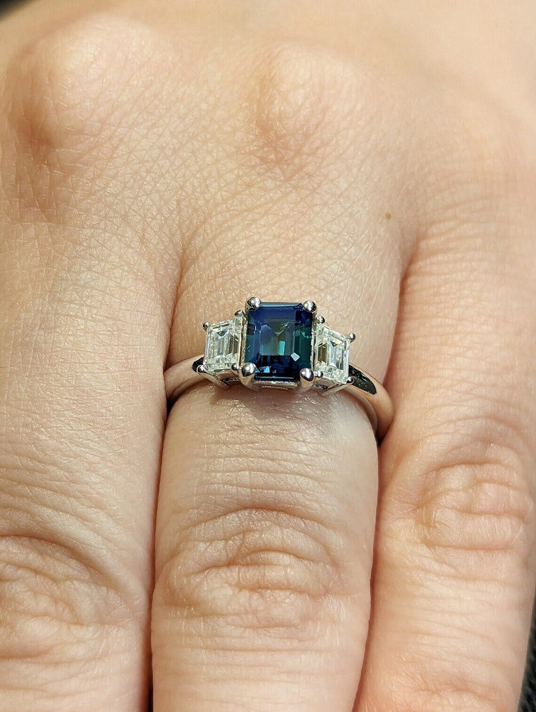 Montana Sapphire Engagement Trellis Ring, Emerald Cut Teal Sapphire, Trapezoid Cut Accent Moissanites, Blue Green Gemstone Anniversary Ring