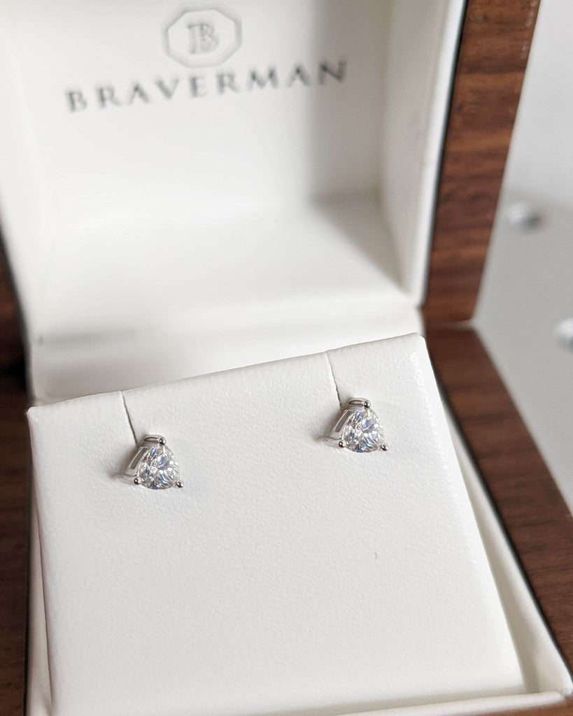 Trillion Diamond Stud Earrings / Half Pair or Set / White Diamond Prong Set Studs / Tiny Lightweight Earrings / Minimalist Everyday Earrings