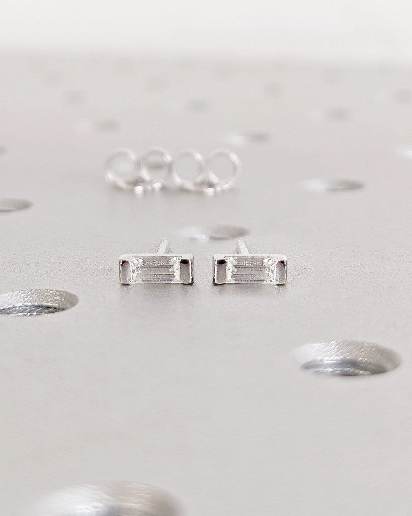 Baguette cut Lab Grown Diamond Solitaire Wedding Stud Earrings Set for Her | 14K White Gold Rectangle Crystal Gemstone Screw Back Earrings