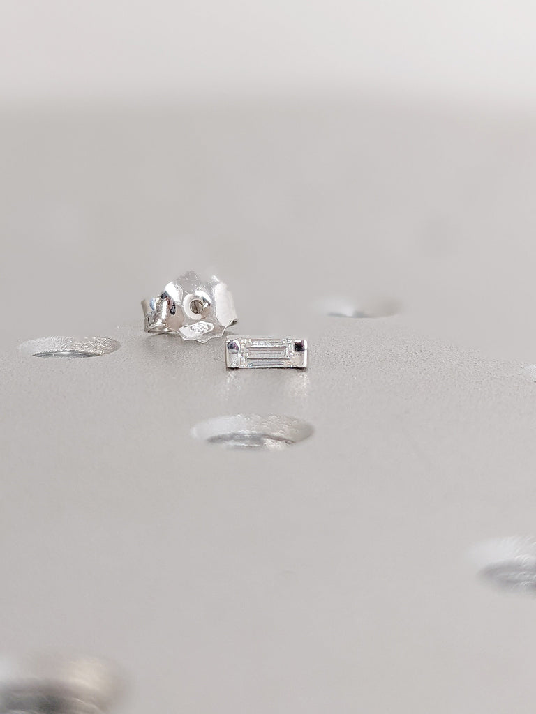 Solid White Gold Lab Created Diamond Single Screw Back Earring | Mini Baguette Crystal Everyday Stud Women Earrings | Unique Bridal Jewelry