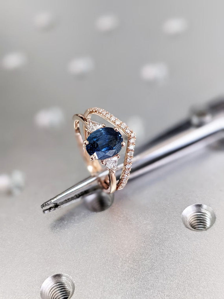 Oval cut Lab Grown Sapphire Triangle Diamond Engagement Ring Set for Her | Solid Rose Gold Dainty Chevron Curve Matching Stacking Wedding Band | Alternative Bridal