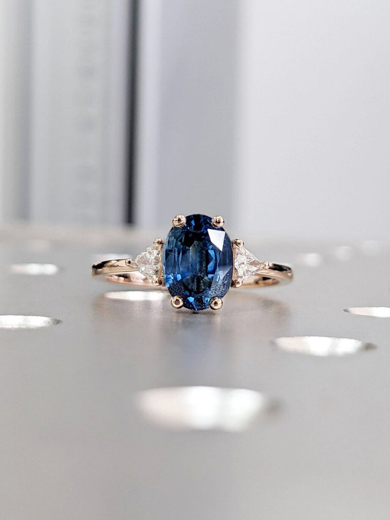 September Birthstone Lab Grown Sapphire Dainty Cocktail Ring for Her | 14K 18K Gold Triangle Diamond Promise Ring | Birthday Gift