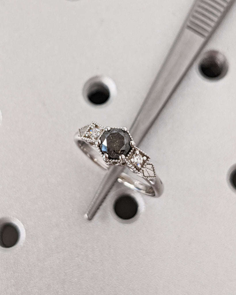 Galaxy Raw Salt and Pepper Diamond Ring- Round Cut Diamond Engagement Ring Sets- Unique Bridal Geometric Diamond Promise Ring Milgrain Band