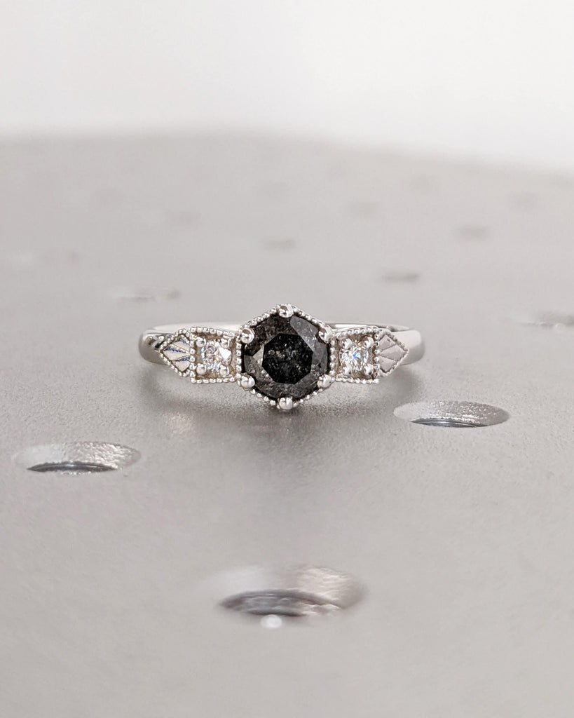 Galaxy Raw Salt and Pepper Diamond Ring- Round Cut Diamond Engagement Ring Sets- Unique Bridal Geometric Diamond Promise Ring Milgrain Band