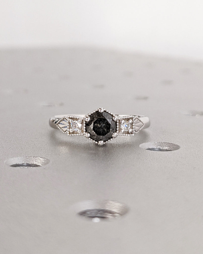 Galaxy Raw Salt and Pepper Diamond Ring- Round Cut Diamond Engagement Ring Sets- Unique Bridal Geometric Diamond Promise Ring Milgrain Band