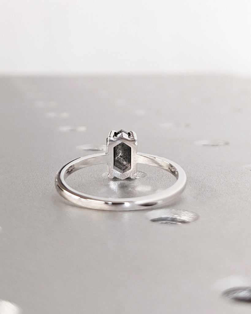 Galaxy Raw Salt and Pepper Diamond Ring- Hexagon Cut Diamond Engagement Ring- Unique Bridal Geometric Diamond Promise Ring- Half Eternity