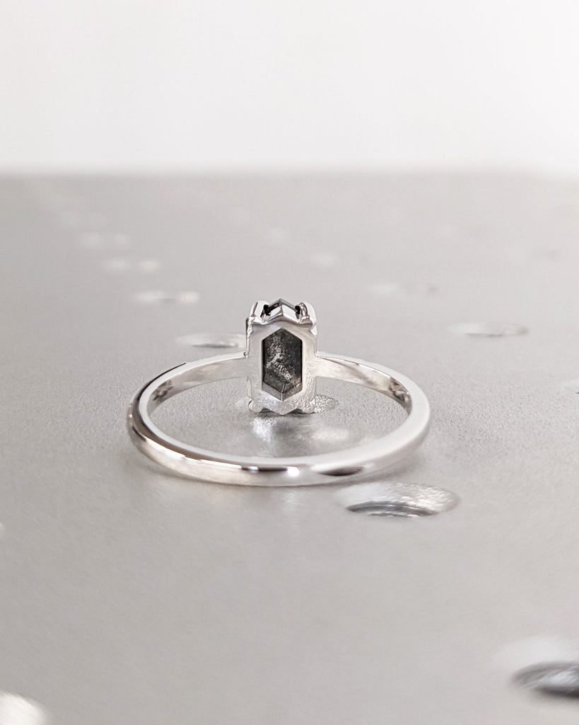 Galaxy Raw Salt and Pepper Diamond Ring- Hexagon Cut Diamond Engagement Ring- Unique Bridal Geometric Diamond Promise Ring- Half Eternity