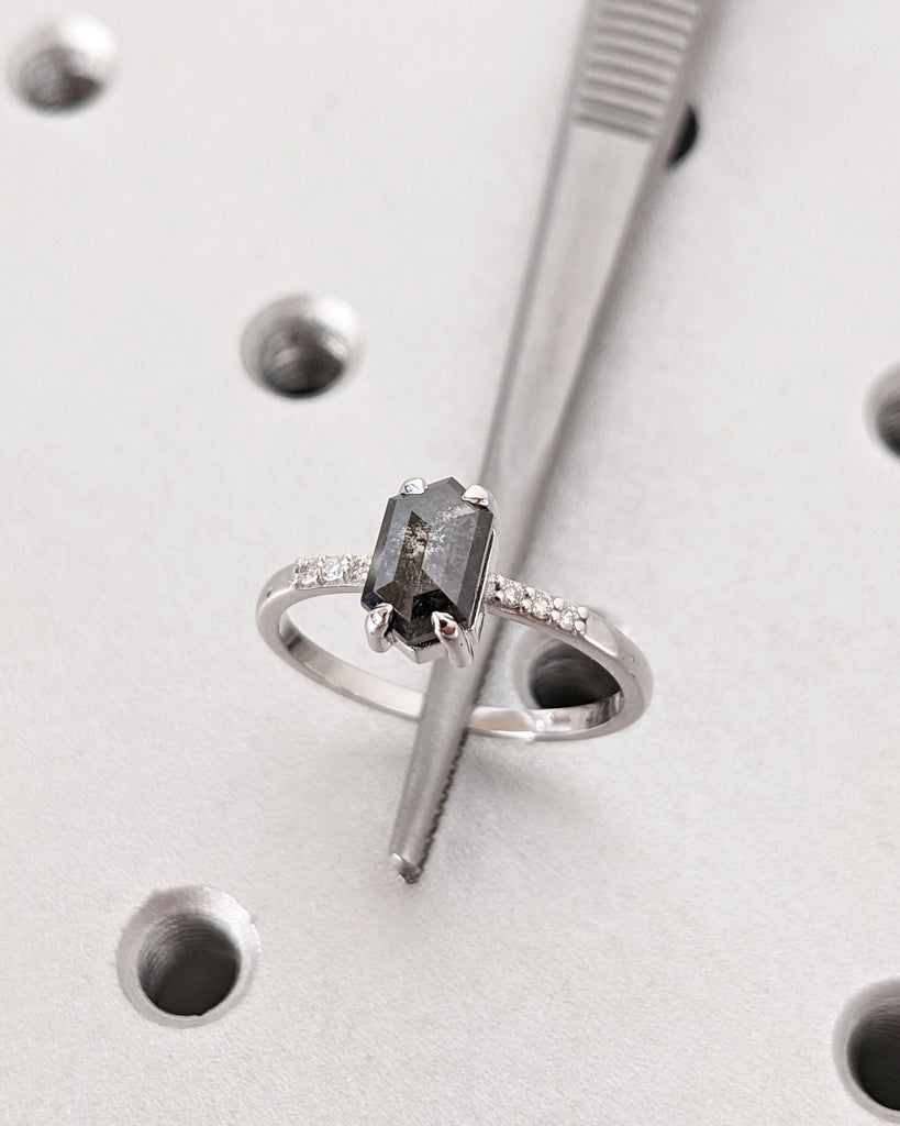 Galaxy Raw Salt and Pepper Diamond Ring- Hexagon Cut Diamond Engagement Ring- Unique Bridal Geometric Diamond Promise Ring- Half Eternity