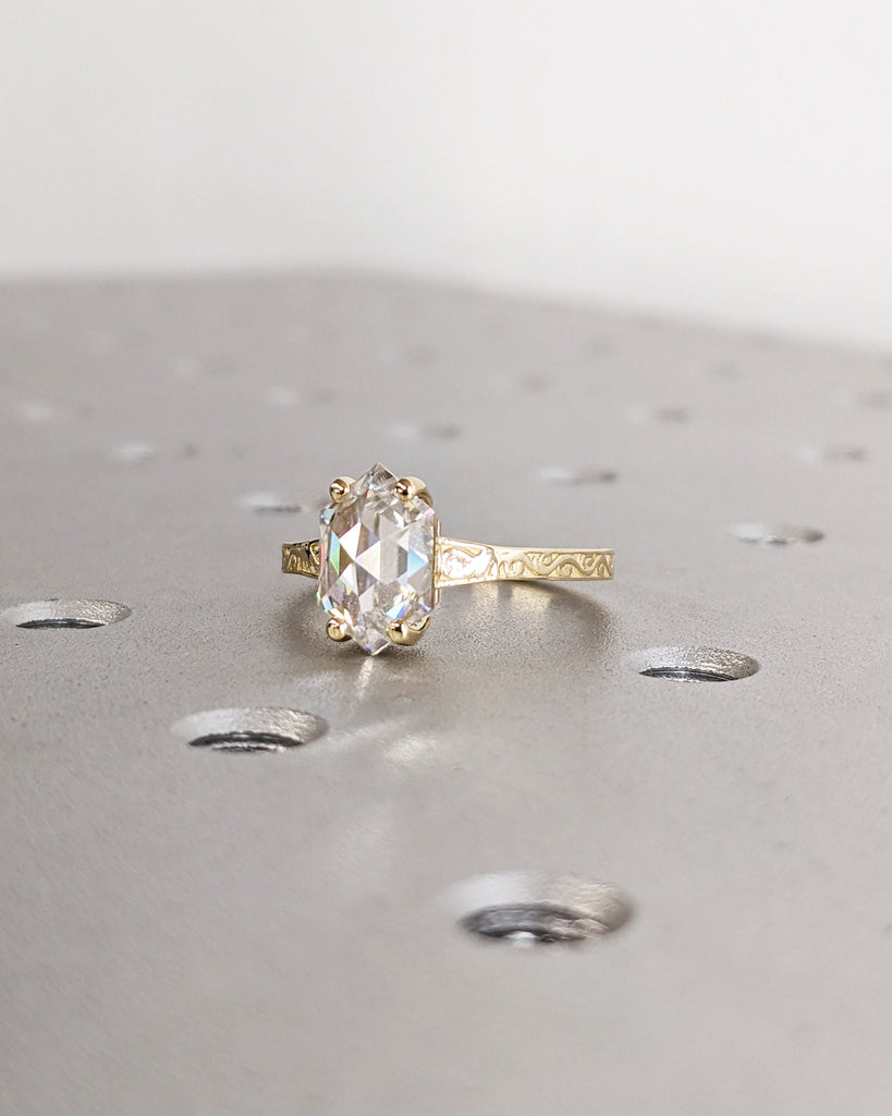 Hexagon cut Moissanite Solitaire Vintage Inspired Engagement Ring | 14K Yellow Gold Filigree Engraving Wedding Band | Unique Gift for Her