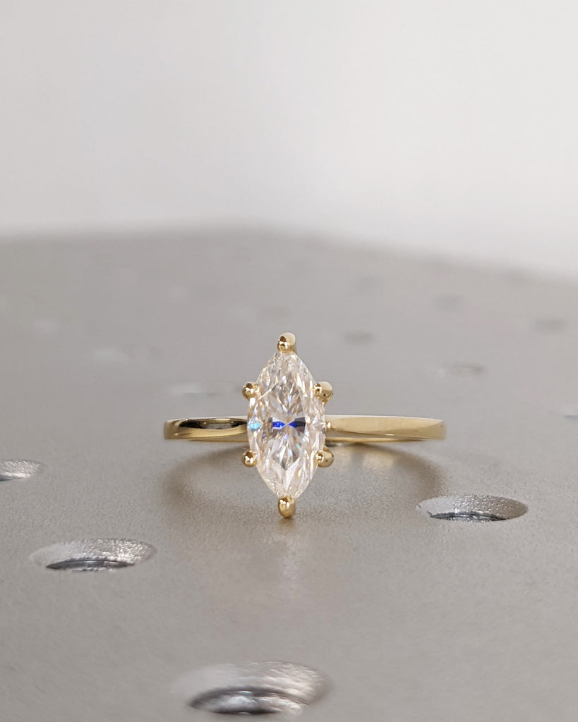 Marquise Cut Lab Diamond Solitaire Engagement Ring | 18K Yellow Gold Moissanite Hidden Halo Dainty Proposal Ring | Custom Wedding Jewelry