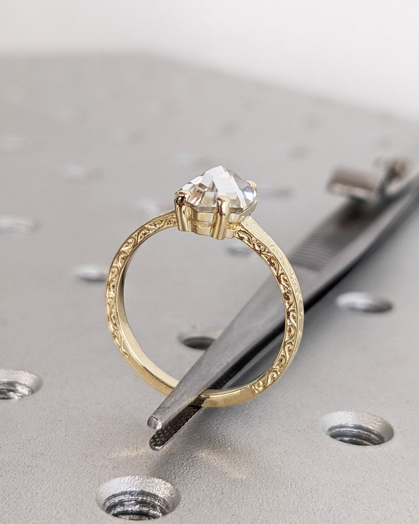 Hexagon cut Moissanite Solitaire Vintage Inspired Engagement Ring | 14K Yellow Gold Filigree Engraving Wedding Band | Unique Gift for Her