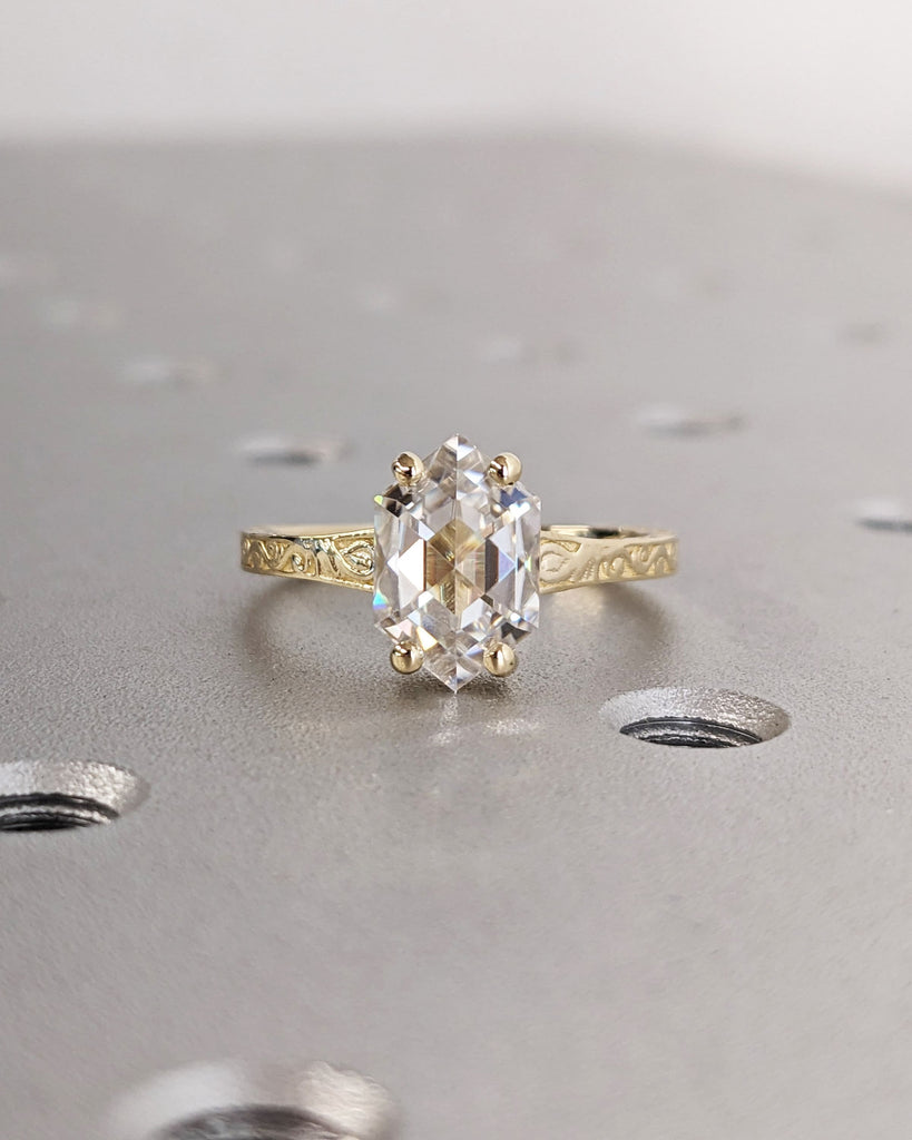 Hexagon cut Moissanite Solitaire Vintage Inspired Engagement Ring | 14K Yellow Gold Filigree Engraving Wedding Band | Unique Gift for Her