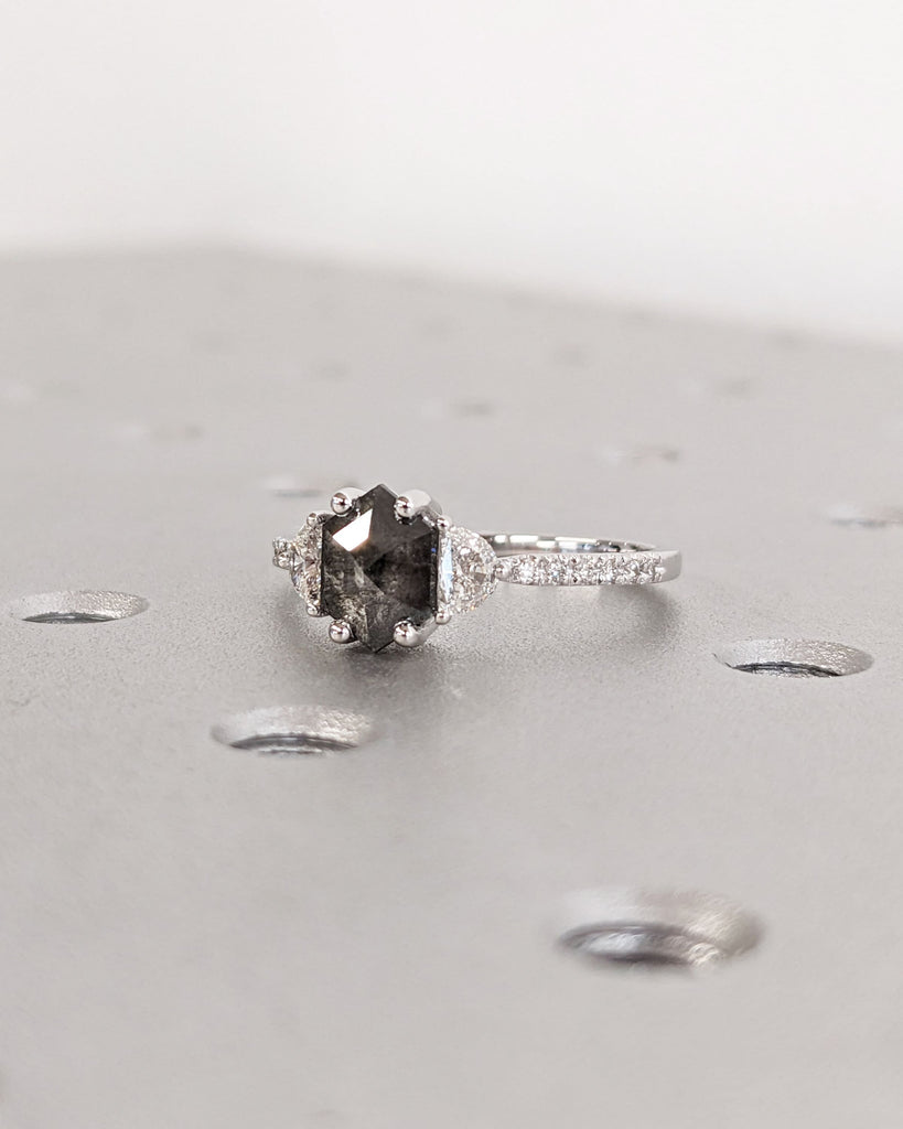 Galaxy Raw Salt and Pepper Diamond Ring- Hexagon Cut Diamond Engagement Ring Sets- Unique Bridal Geometric Diamond Promise Ring- Half Moon