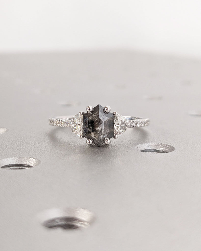 Galaxy Raw Salt and Pepper Diamond Ring- Hexagon Cut Diamond Engagement Ring Sets- Unique Bridal Geometric Diamond Promise Ring- Half Moon