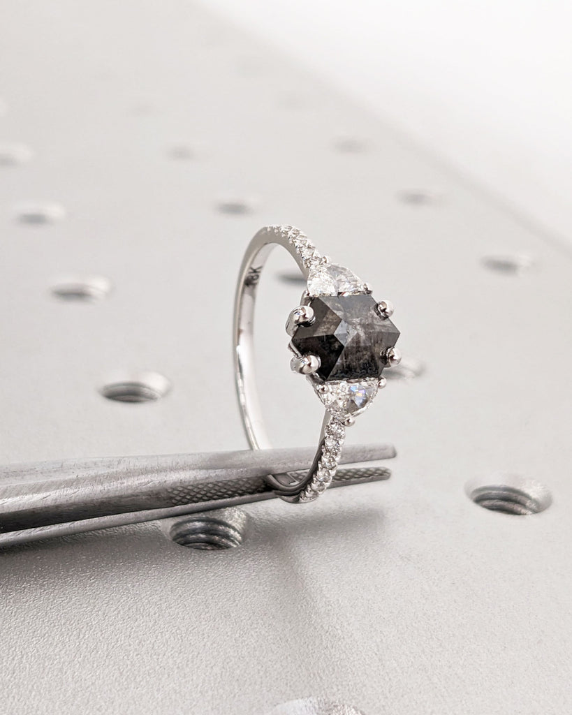 Galaxy Raw Salt and Pepper Diamond Ring- Hexagon Cut Diamond Engagement Ring Sets- Unique Bridal Geometric Diamond Promise Ring- Half Moon