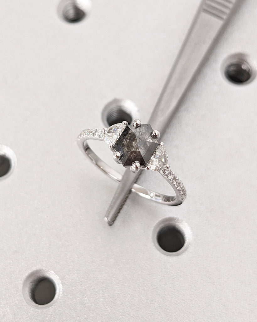 Galaxy Raw Salt and Pepper Diamond Ring- Hexagon Cut Diamond Engagement Ring Sets- Unique Bridal Geometric Diamond Promise Ring- Half Moon