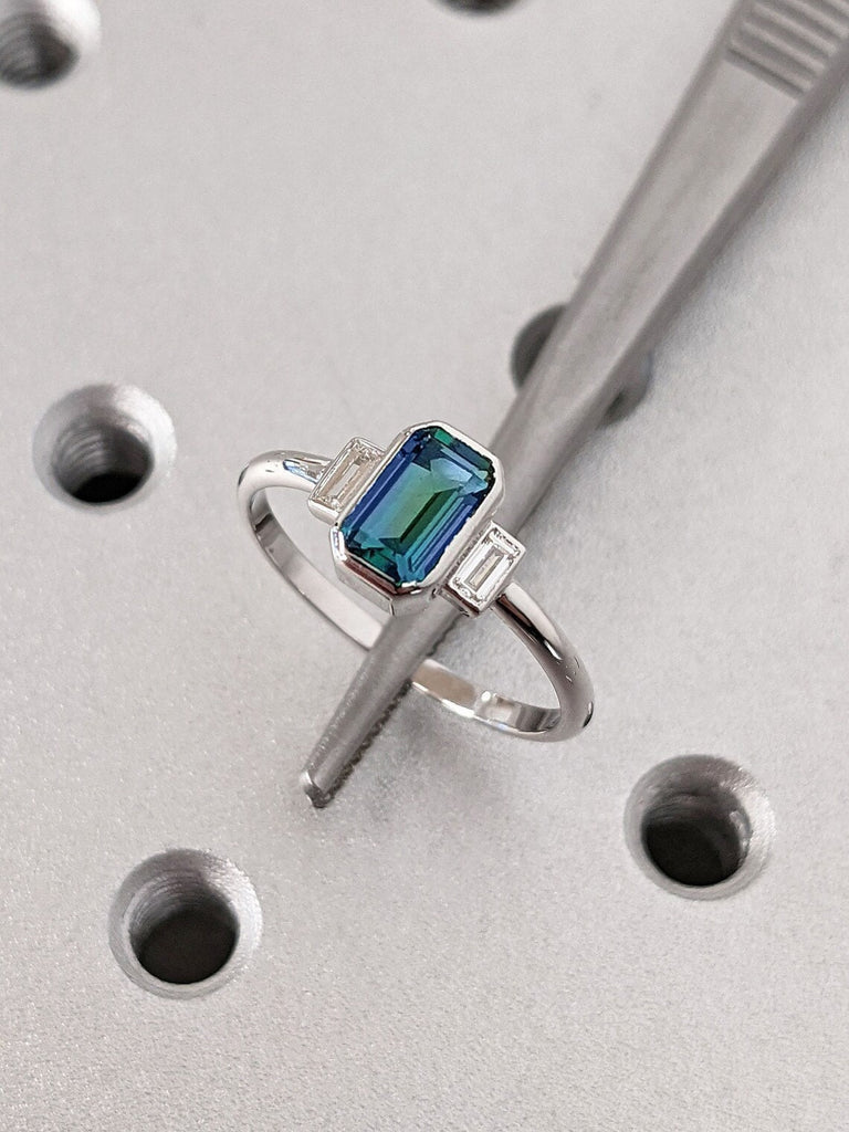 Emerald Cut Montana Sapphire Engagement Ring, Peacock Teal Sapphire Bezel Ring, Baguette Cut Accent Diamond/Moissanite, Vintage Trellis Ring