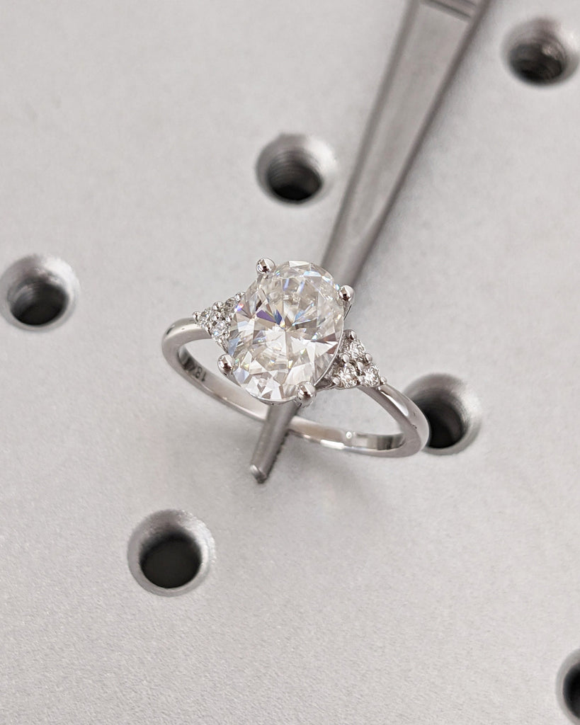 Lab Diamond Oval Cut Engagement Ring, Oval Shaped Lab Diamond and Cluster Diamonds Wedding Ring, White Gold Lab Diamond Ring, Art Deco Ring