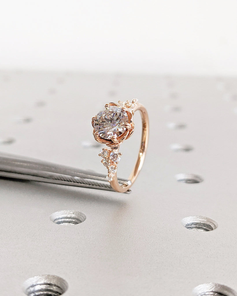 Nature Inspired Moissanite Women Wedding Anniversary Ring | Solid Gold, Platinum Diamond Cluster Promise Ring | Alternative Bridal Unique Flower Rose Jewelry