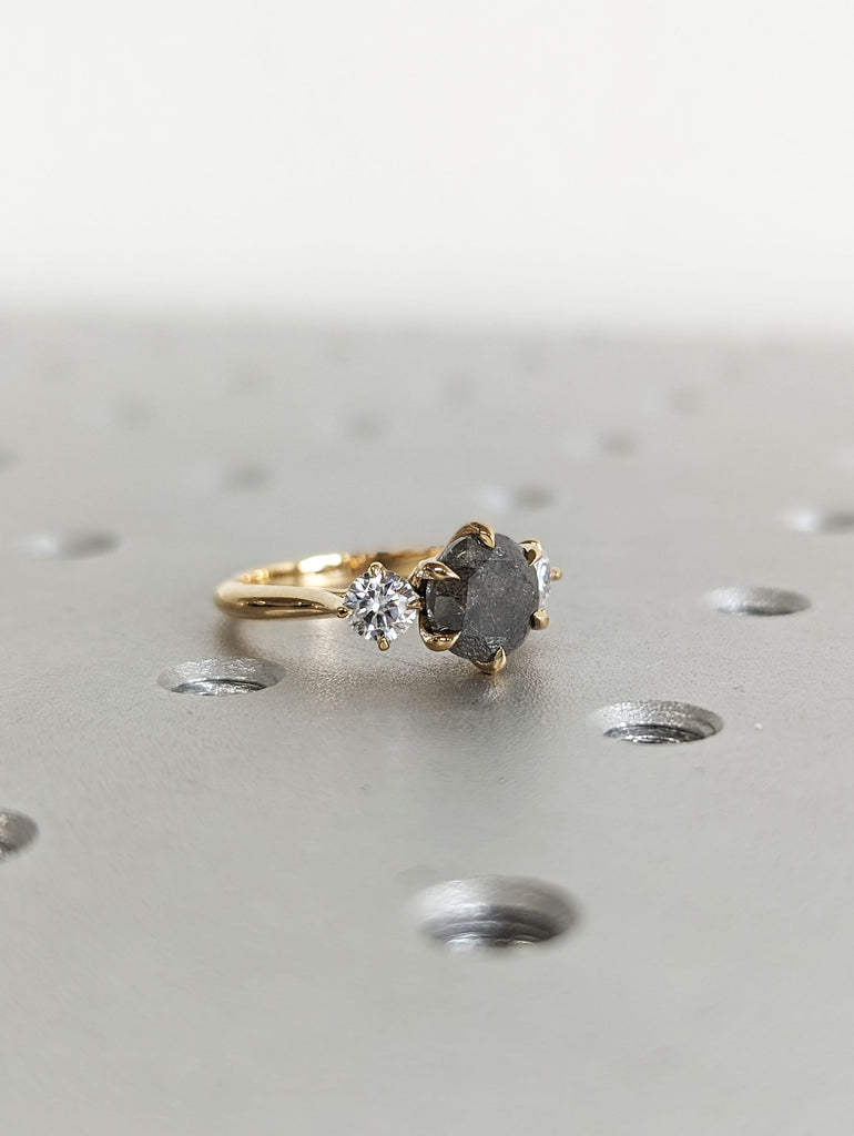 Round cut Salt and Pepper Galaxy Diamond 3 Stone Trilogy Engagement Cocktail Ring | 14K 18K Yellow Gold Wedding Band Bridal Jewelry for Her